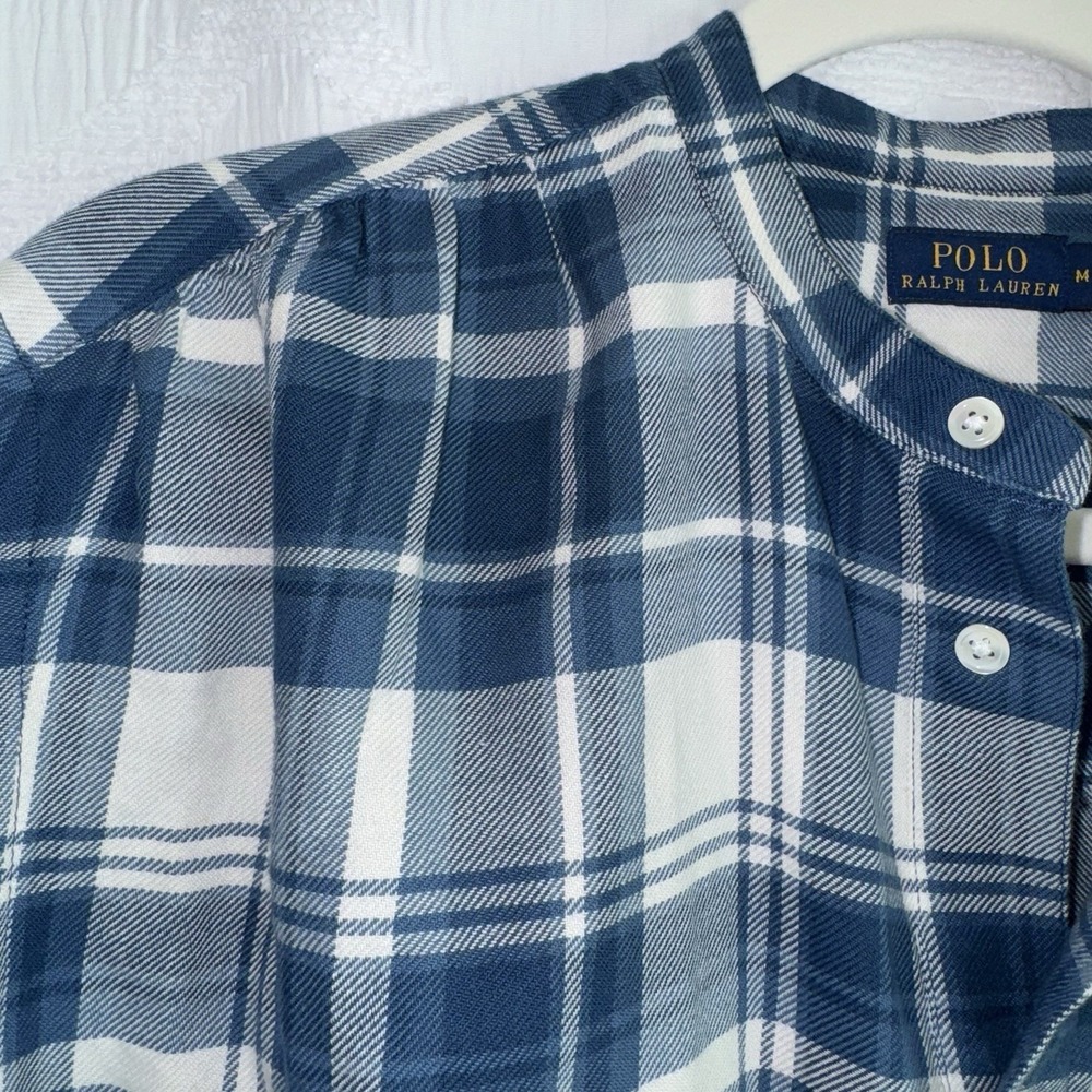 POLO RALPH LAUREN Dian Blue/White Plaid Women's Medium 3/4 Puff Sleeves Shirt - Picture 7 of 16
